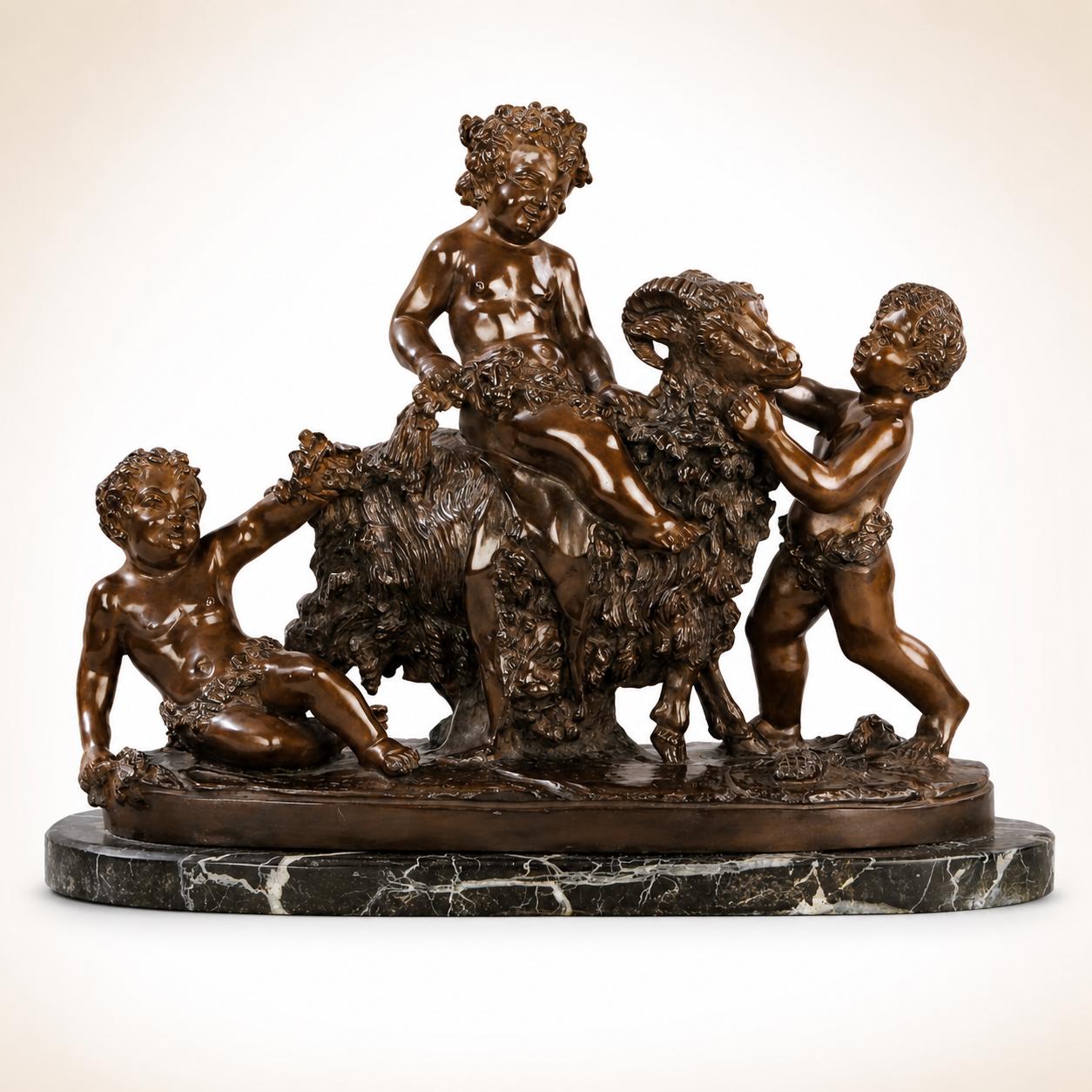 Bronze Puttos with Goat Sculpture – Antique-Inspired Cherub Figurines for Elegant Office Home Decor