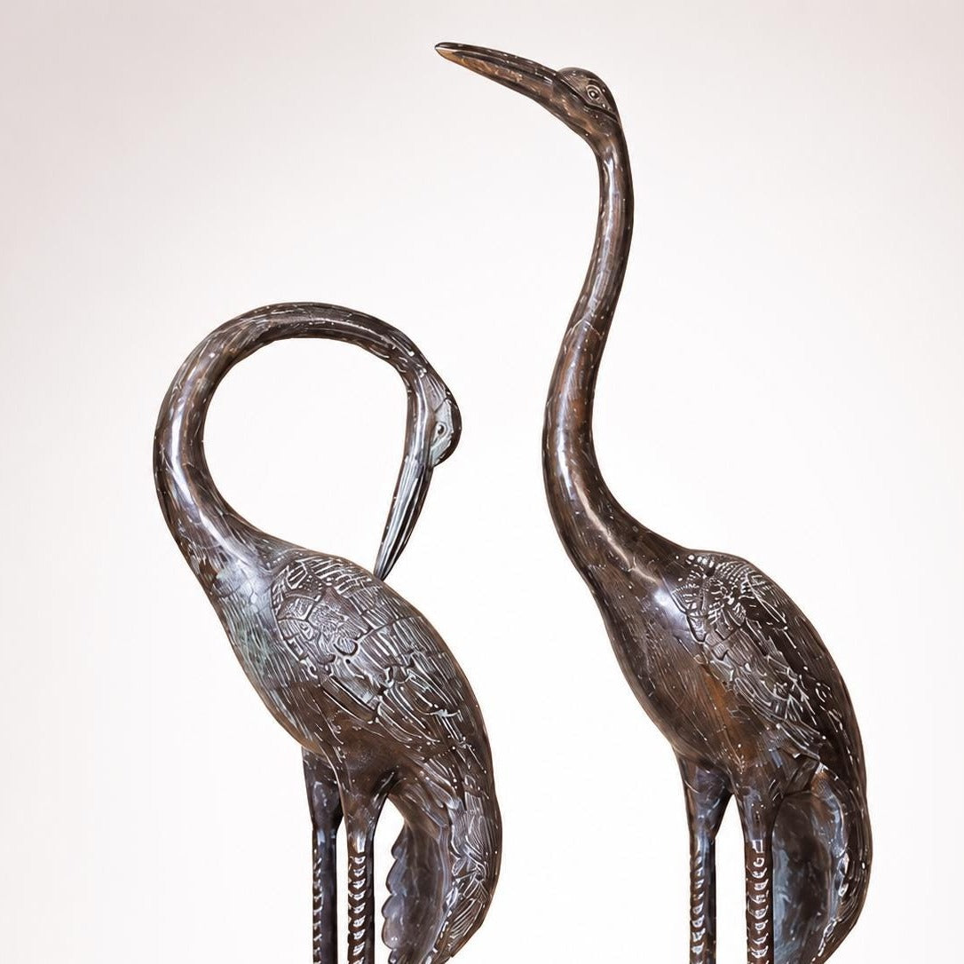Hand Cast Bronze Heron Pair Sculpture, Green Patina Wildlife Art, 102cm Tall Home Decor