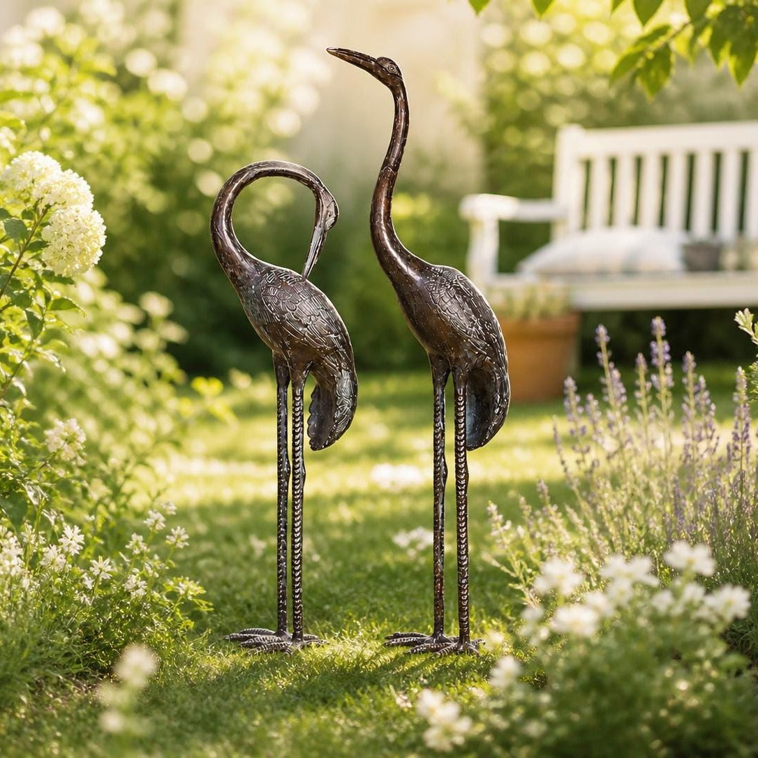 Hand Cast Bronze Heron Pair Sculpture, Green Patina Wildlife Art, 102cm Tall Home Decor