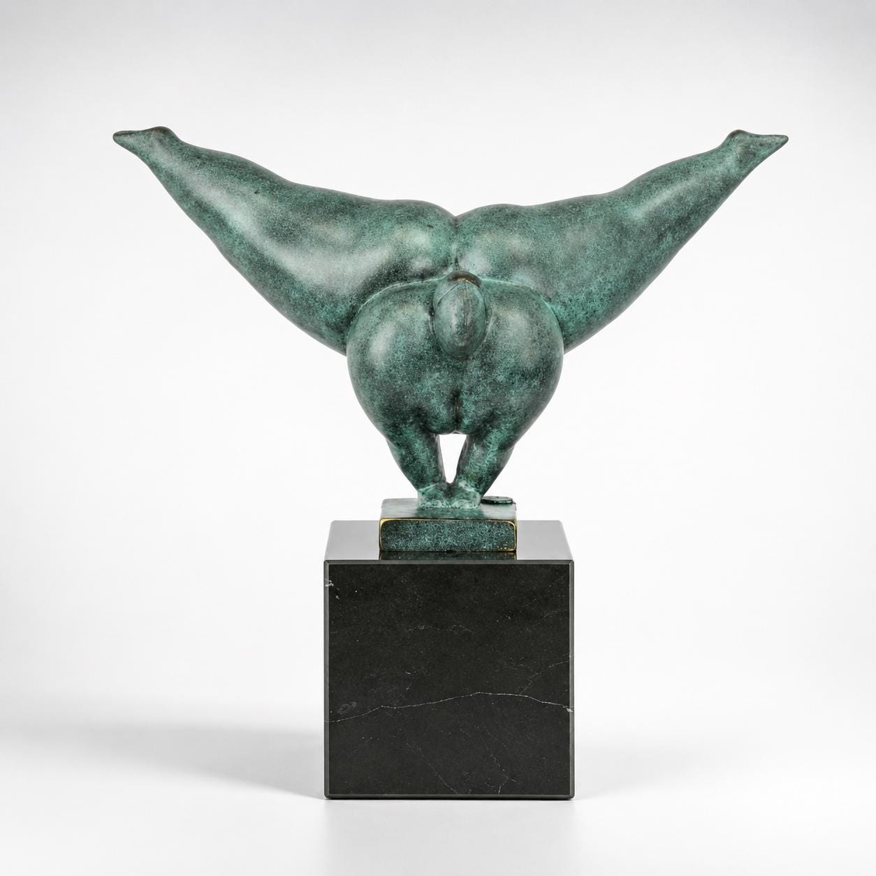 Botero Style Bronze Diving Woman Sculpture: Patina Finish on Marble Base