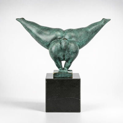 Botero Style Bronze Diving Woman Sculpture: Patina Finish on Marble Base