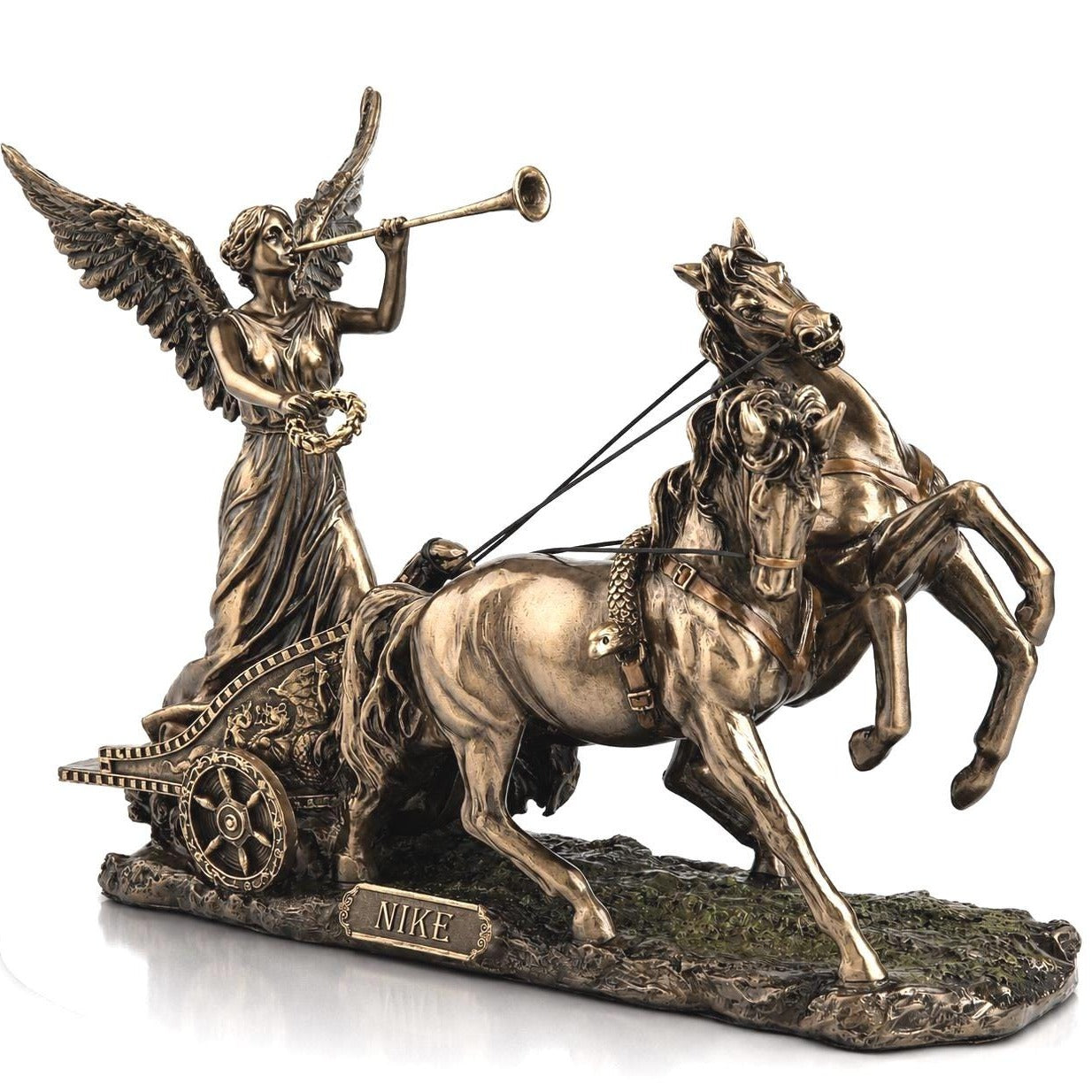 Winged Goddess Nike Chariot Sculpture, Cold Cast Bronze Classical Horse Statue