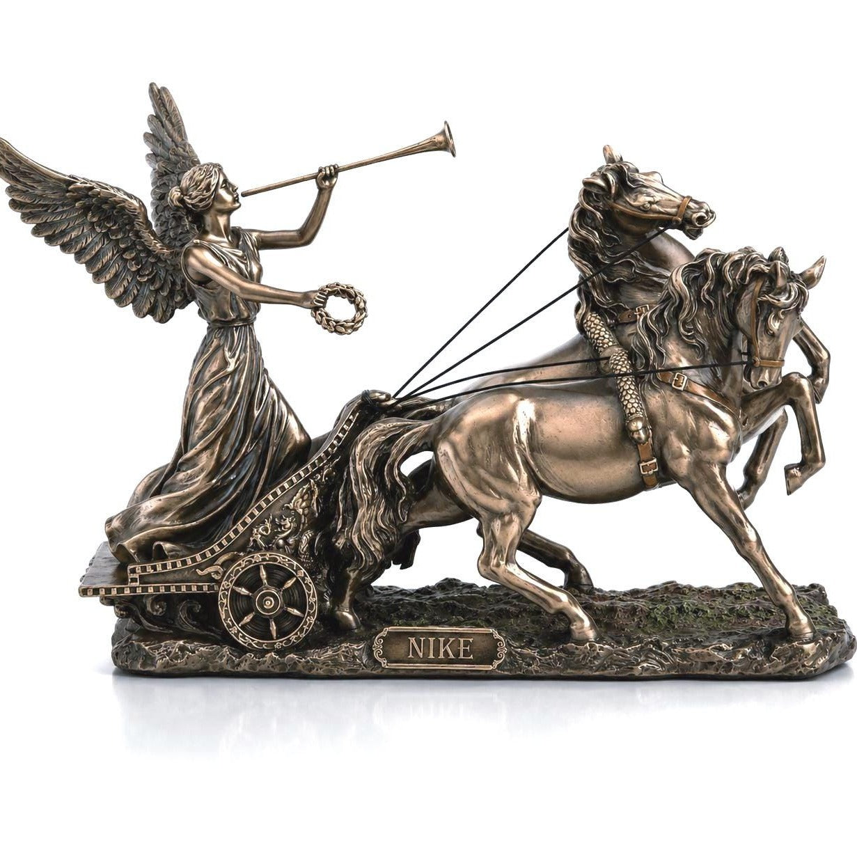 Winged Goddess Nike Chariot Sculpture, Cold Cast Bronze Classical Horse Statue