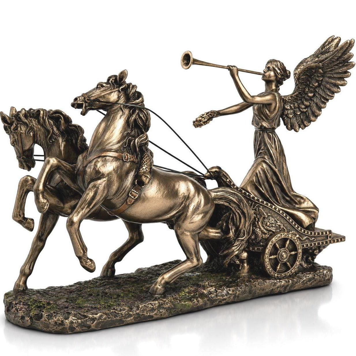 Winged Goddess Nike Chariot Sculpture, Cold Cast Bronze Classical Horse Statue