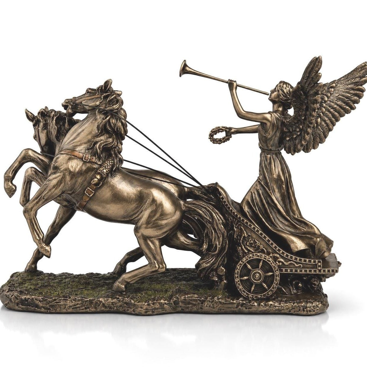 Winged Goddess Nike Chariot Sculpture, Cold Cast Bronze Classical Horse Statue