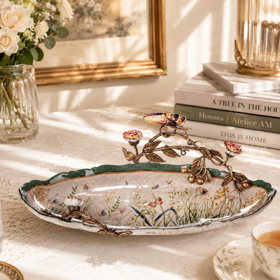 Porcelain Cicada Tray with Bronze Mounts | Handcrafted Bronze Decor