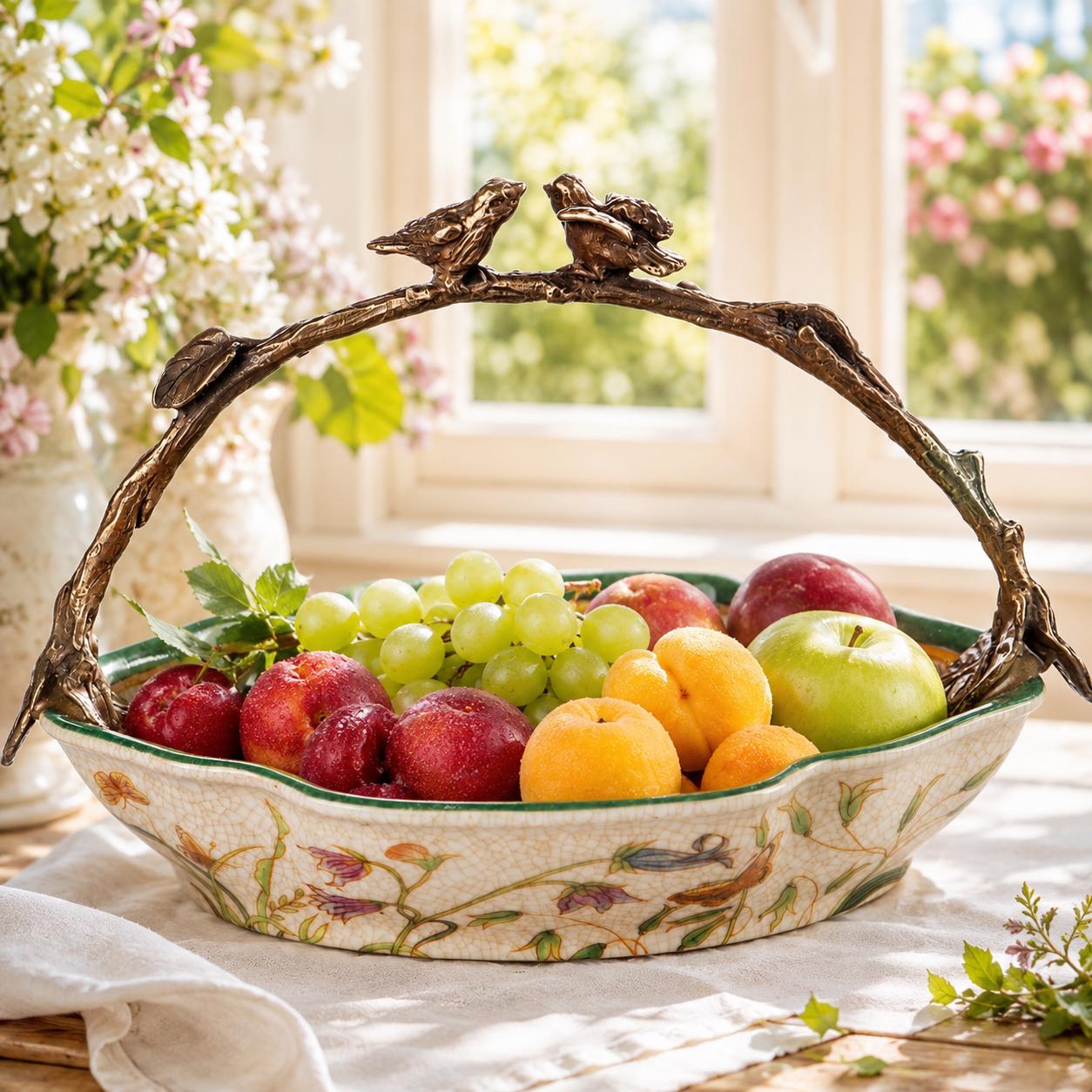 Bird Branch Fruit Bowl | Handcrafted Bronze Decor