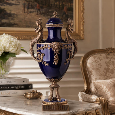 Cobalt Blue Porcelain Urn with Bronze Mermaids | Handcrafted Bronze