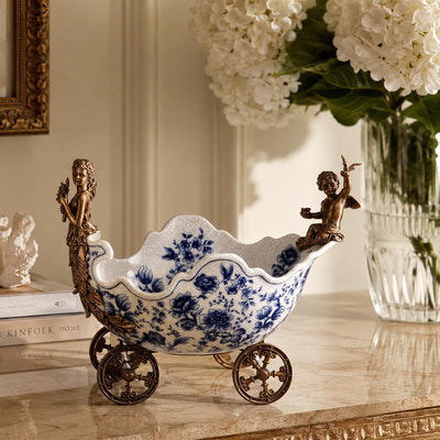 Cherub Floral Porcelain Cart | Handcrafted Bronze Decor