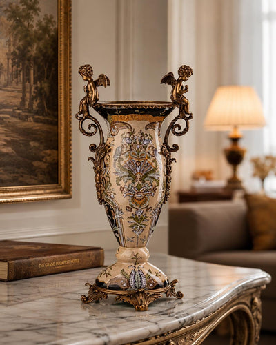Cherub Porcelain Vase with Bronze Handles | Handcrafted Bronze Decor