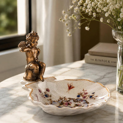 Vintage Porcelain Trinket Dish with Bronze Cherub | Handcrafted Bronze