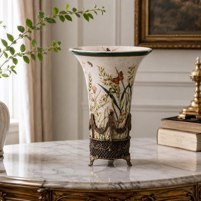 Butterfly Floral Porcelain Vase with Bronze Base | Handcrafted Bronze