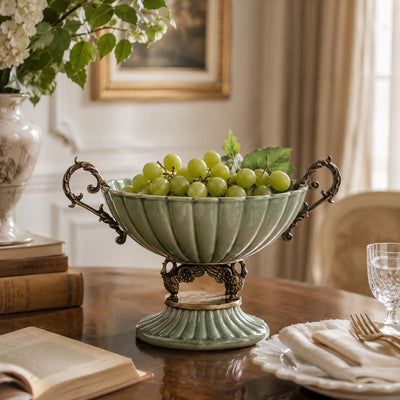 Vintage Ceramic Fruit Bowl with Bronze Handles | Handcrafted Bronze