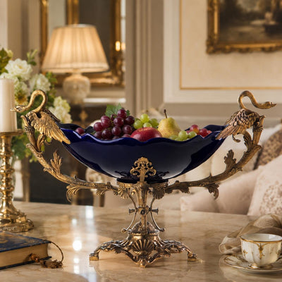 Large Blue Glass Swan Fruit Bowl | Handcrafted Bronze Decor