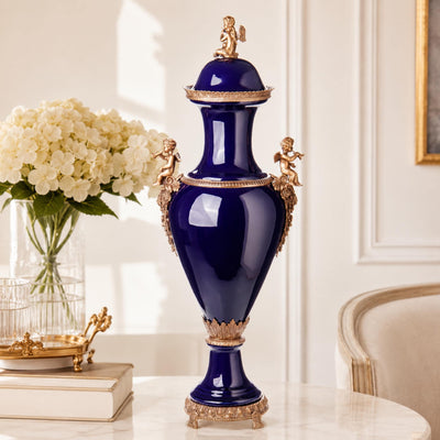 Cobalt Blue Urn Vase Cherub Porcelain Ginger Jar Bronze Mounted Decor