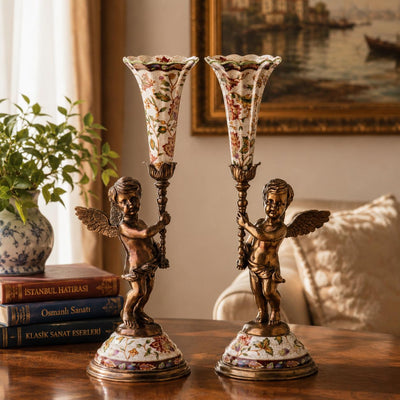Vintage Bronze Cherub Candle Holders Pair with Floral Porcelain Shades