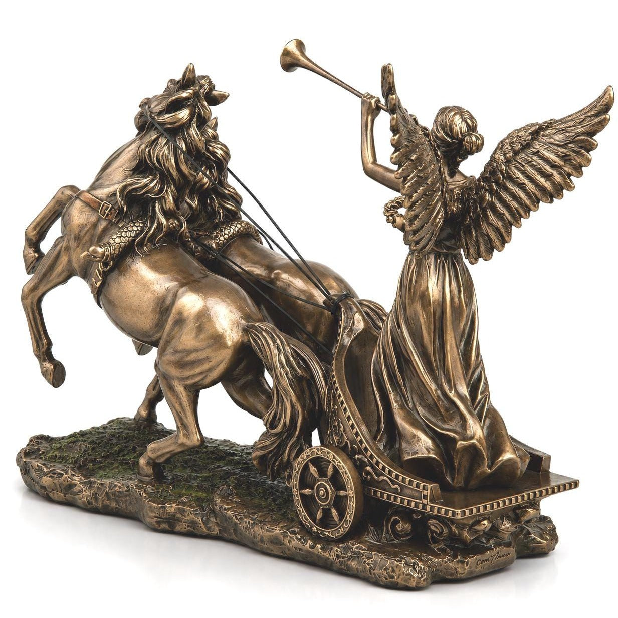 Winged Goddess Nike Chariot Sculpture, Cold Cast Bronze Classical Horse Statue