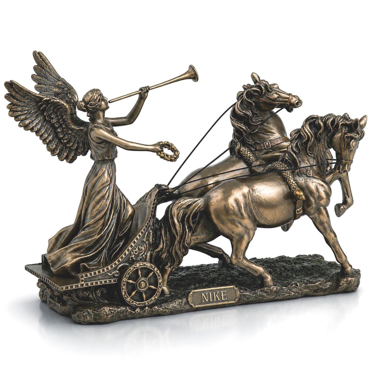 Winged Goddess Nike Chariot Sculpture, Cold Cast Bronze Classical Horse Statue