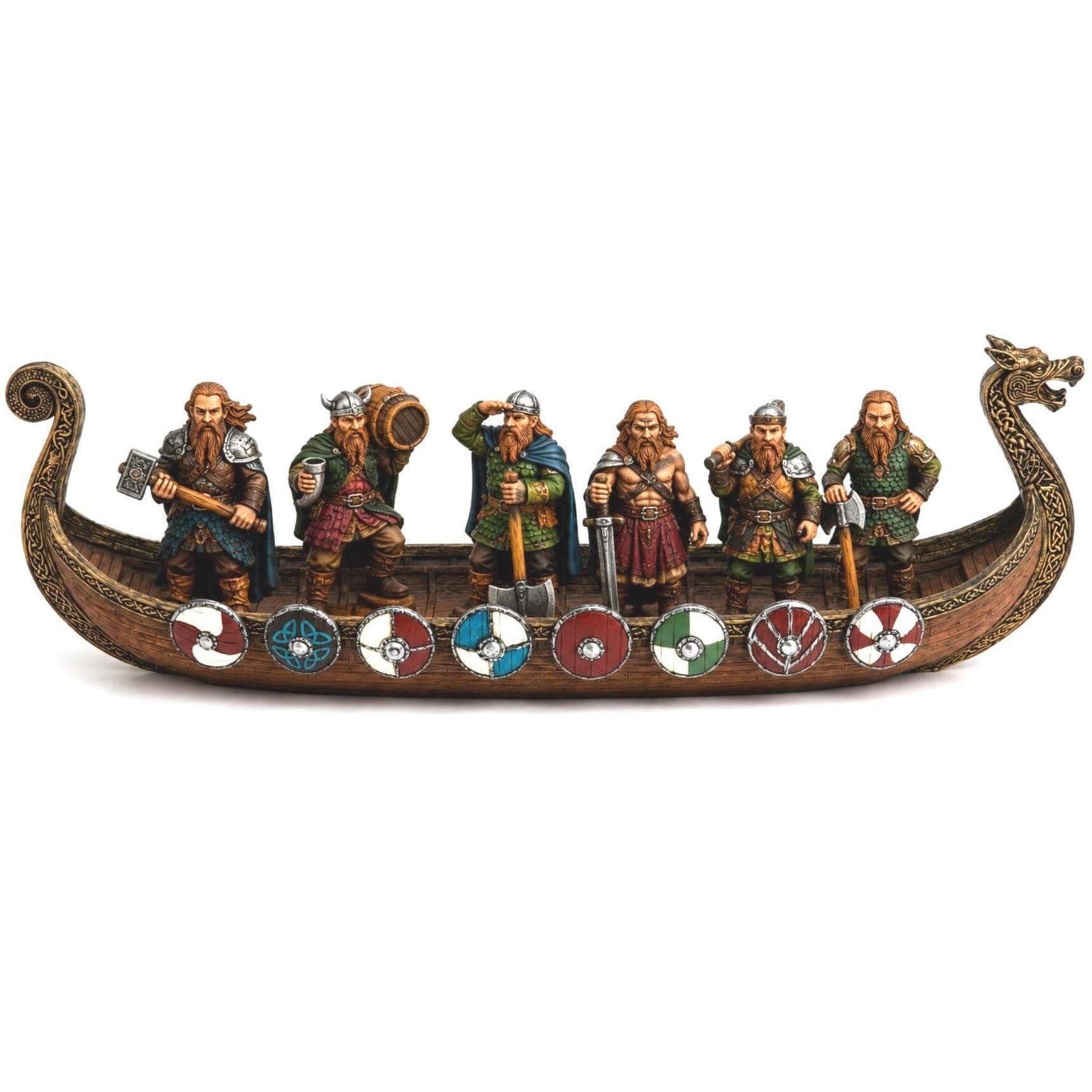 Viking Longship & Warband of Six, Norse Dwarf Warriors, Drakkar Ship Display, Viking Tabletop Decor, Scandinavian Gift