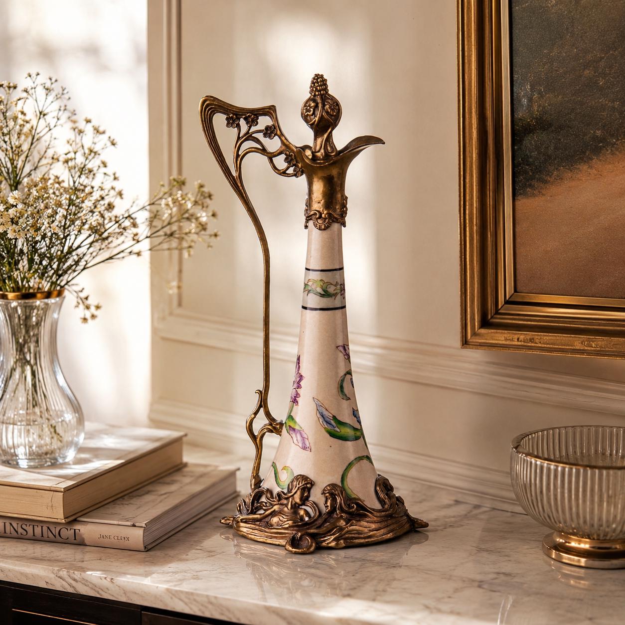 Art Nouveau Floral Ewer Pitcher | Handcrafted Brass Decor