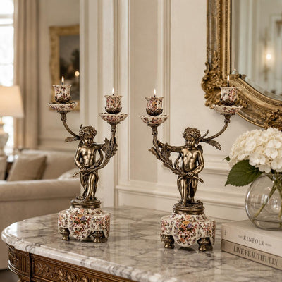 Vintage Cherub Candle Holders Pair | Handcrafted Bronze Decor