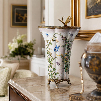 Butterfly Porcelain Vase with Bronze Trim | Handcrafted Bronze Decor