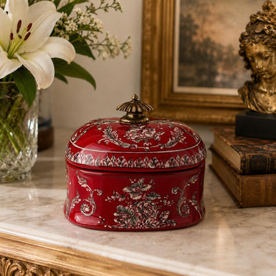 Red Floral Porcelain Trinket Box with Lid | Handcrafted Porcelain