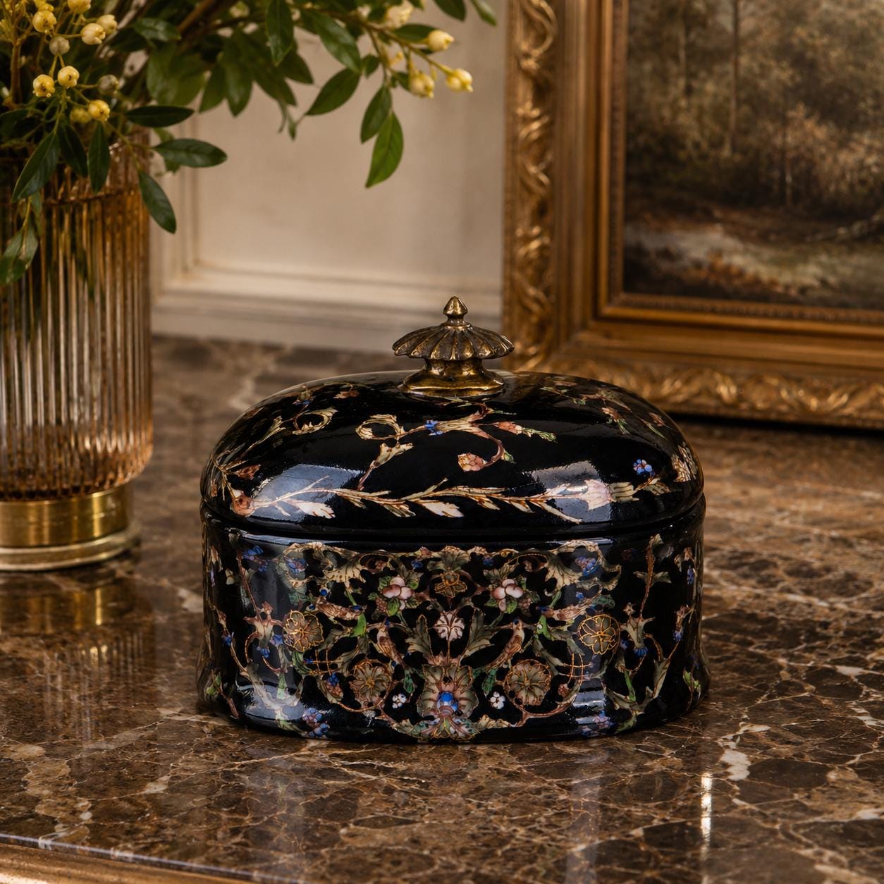 Floral Lacquer Jewelry Box | Handcrafted Ceramic Decor