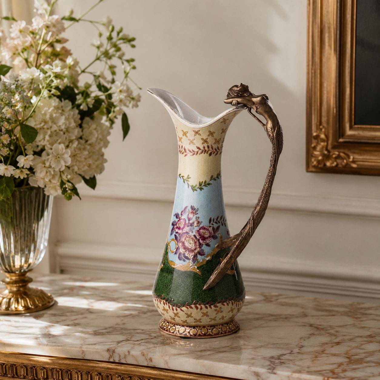 Floral Dragon Handle Pitcher | Handcrafted Porcelain Decor