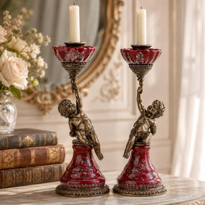 Red Cherub Candle Holders Pair | Handcrafted Bronze Decor