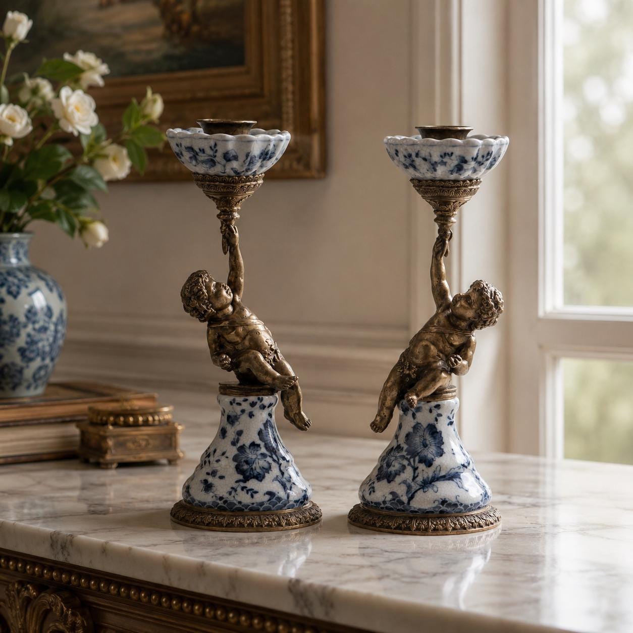 Cherub Candleholder Pair | Handcrafted Bronze Decor