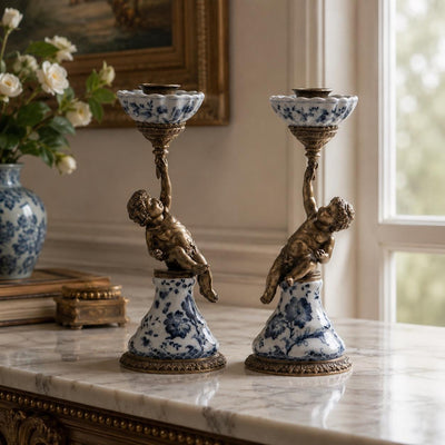 Cherub Candleholder Pair | Handcrafted Bronze Decor