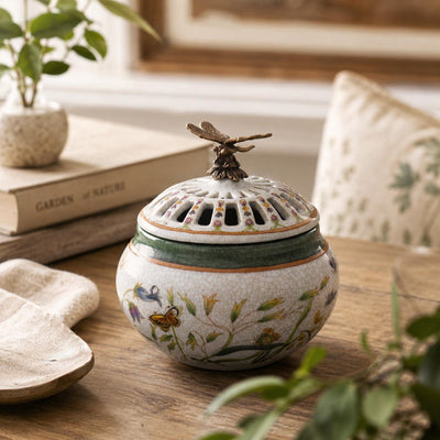 Dragonfly Porcelain Potpourri Jar with Bronze Lid | Handcrafted Bronze
