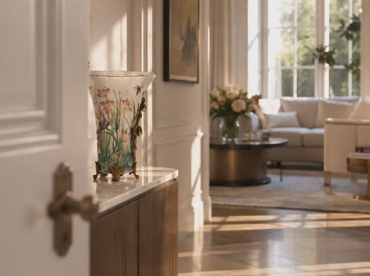 Decorative floral porcelain vase with bronze accents – video